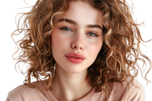 Headshot of girl with curly hairstyle wearing t-shirt send air kiss pouted lips on isolated transparent background png