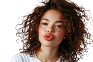 huvudskott av flicka med lockigt frisyr bär t-shirt skicka luft kyss pirrig mun på isolerat transparent bakgrund png