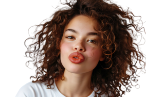 Headshot of girl with curly hairstyle wearing t-shirt send air kiss pouted lips on isolated transparent background png