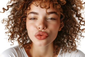 huvudskott av flicka med lockigt frisyr bär t-shirt skicka luft kyss pirrig mun på isolerat transparent bakgrund png