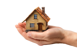 Hand holding a small simple house on isolated transparent background png