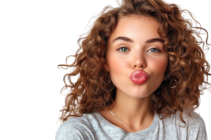 Headshot of girl with curly hairstyle wearing t-shirt send air kiss pouted lips on isolated transparent background png