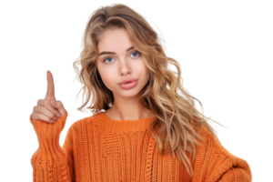 Confident woman dressed orange sweater pointing finger empty space on isolated transparent background png