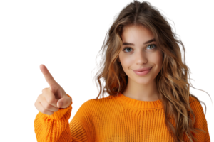 Confident woman dressed orange sweater pointing finger empty space on isolated transparent background png