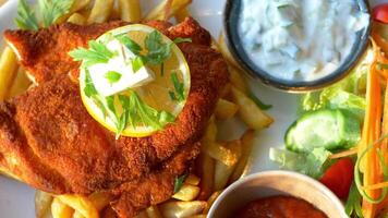 oben Aussicht von Hähnchen Schnitzel serviert mit Kartoffel Chips video