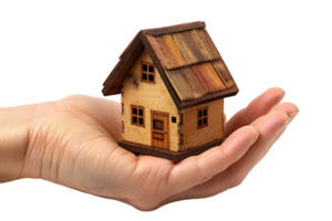 Hand holding a small simple house on isolated transparent background png