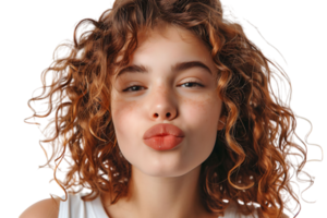 Headshot of girl with curly hairstyle wearing t-shirt send air kiss pouted lips on isolated transparent background png