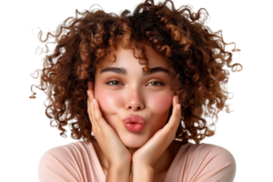 Headshot of girl with curly hairstyle wearing t-shirt send air kiss pouted lips on isolated transparent background png