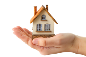 Hand holding a small simple house on isolated transparent background png