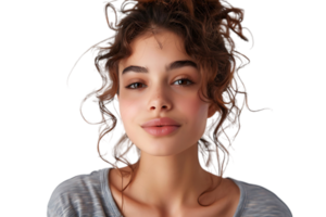 Headshot of girl with curly hairstyle wearing t-shirt send air kiss pouted lips on isolated transparent background png