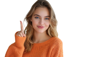 Confident woman dressed orange sweater pointing finger empty space on isolated transparent background png