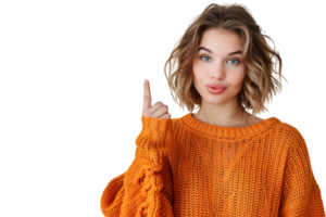 zelfverzekerd vrouw gekleed oranje trui richten vinger leeg ruimte Aan geïsoleerd transparant achtergrond png