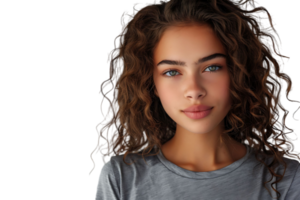 Headshot of girl with curly hairstyle wearing t-shirt send air kiss pouted lips on isolated transparent background png