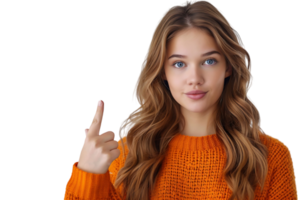 Confident woman dressed orange sweater pointing finger empty space on isolated transparent background png