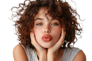 Headshot of girl with curly hairstyle wearing t-shirt send air kiss pouted lips on isolated transparent background png