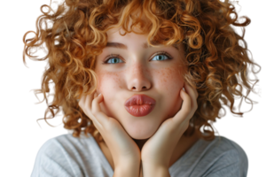 Headshot of girl with curly hairstyle wearing t-shirt send air kiss pouted lips on isolated transparent background png