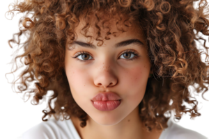 Headshot of girl with curly hairstyle wearing t-shirt send air kiss pouted lips on isolated transparent background png