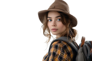 Pretty cute girl dressed stylish clothes going to university on isolated transparent background png