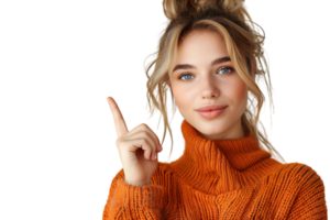 zelfverzekerd vrouw gekleed oranje trui richten vinger leeg ruimte Aan geïsoleerd transparant achtergrond png