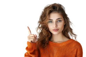 Confident woman dressed orange sweater pointing finger empty space on isolated transparent background png