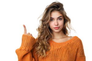 Confident woman dressed orange sweater pointing finger empty space on isolated transparent background png