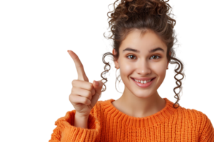 Confident woman dressed orange sweater pointing finger empty space on isolated transparent background png