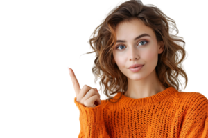 Confident woman dressed orange sweater pointing finger empty space on isolated transparent background png