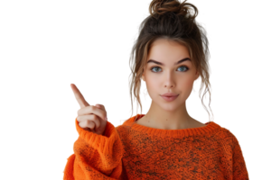 Confident woman dressed orange sweater pointing finger empty space on isolated transparent background png