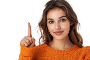 Confident woman dressed orange sweater pointing finger empty space on isolated transparent background png