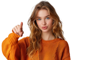 Confident woman dressed orange sweater pointing finger empty space on isolated transparent background png