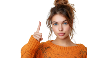 fiducioso donna vestito arancia maglione puntamento dito vuoto spazio su isolato trasparente sfondo png