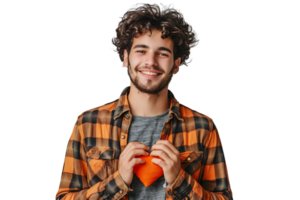 Young smile guy hands touch chest heart thankful grateful on isolated transparent background png