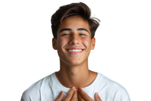 Young smile guy hands touch chest heart thankful grateful on isolated transparent background png