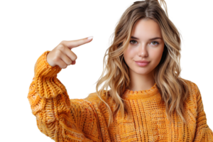 Confident woman dressed orange sweater pointing finger empty space on isolated transparent background png