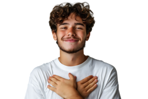 Young smile guy hands touch chest heart thankful grateful on isolated transparent background png