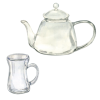 Watercolor illustration of empty transparent teapot for medicinal herbs. Glass teapot and mug for tea. Glass utensil hand drawing. For label herbal plants, herbalism, green tea. png