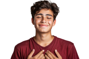 Young smile guy hands touch chest heart thankful grateful on isolated transparent background png