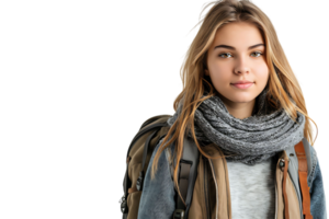 Pretty cute girl dressed stylish clothes going to university on isolated transparent background png