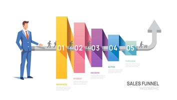 ventas embudo infografía diagrama modelo para negocio.5 paso flechas, márketing y puesta en marcha negocio, infografía. vector