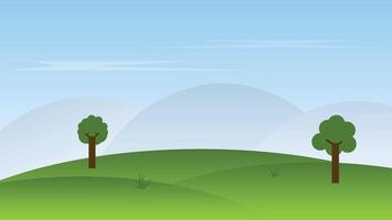 landscape cartoon scene with tree on hills and mountain with blue sky vector