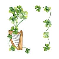Frame with shamrock and harp watercolor illustration isolated on white background. Painted green four leaves clover. vector