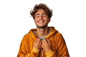 Young smile guy hands touch chest heart thankful grateful on isolated transparent background png