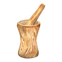 Watercolor illustration of wooden mortar with pestle for medicinal herbs isolated on white . Grind in a wooden pot. Wooden utensil hand drawing. Element for label herbal plants, herbalism, spice vector