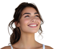 Portrait of satisfied glad lovely lady beaming smile look empty space on transparent background png