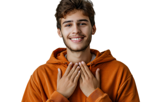 Young smile guy hands touch chest heart thankful grateful on isolated transparent background png