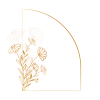 Arch frame with golden daisies, wildflowers, on a transparent background. Calligraphic ornaments and floral frames flourish. Frame of linear floral logos, frames and frames,for social media png