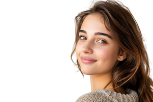 Portrait of satisfied glad lovely lady beaming smile look empty space on transparent background png