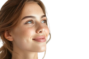 portrait de satisfait heureux charmant Dame radieux sourire Regardez vide espace sur transparent Contexte png