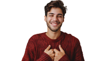 Young smile guy hands touch chest heart thankful grateful on isolated transparent background png