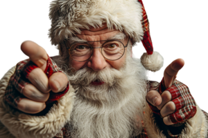 portrait de élégant branché marrant Père Noël montrer du doigt à caméra sur transparent Contexte png